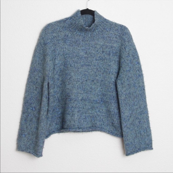 Anthropologie Moth Sparkle Knit Tinsel Mock Neck Turtleneck Sweater Blue Small - Picture 3 of 7